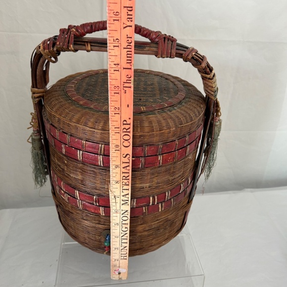 VINTAGE Antique Chinese Wedding Basket 2 Tier RARE Top & Wicker & Bamboo Cane - Picture 12 of 12